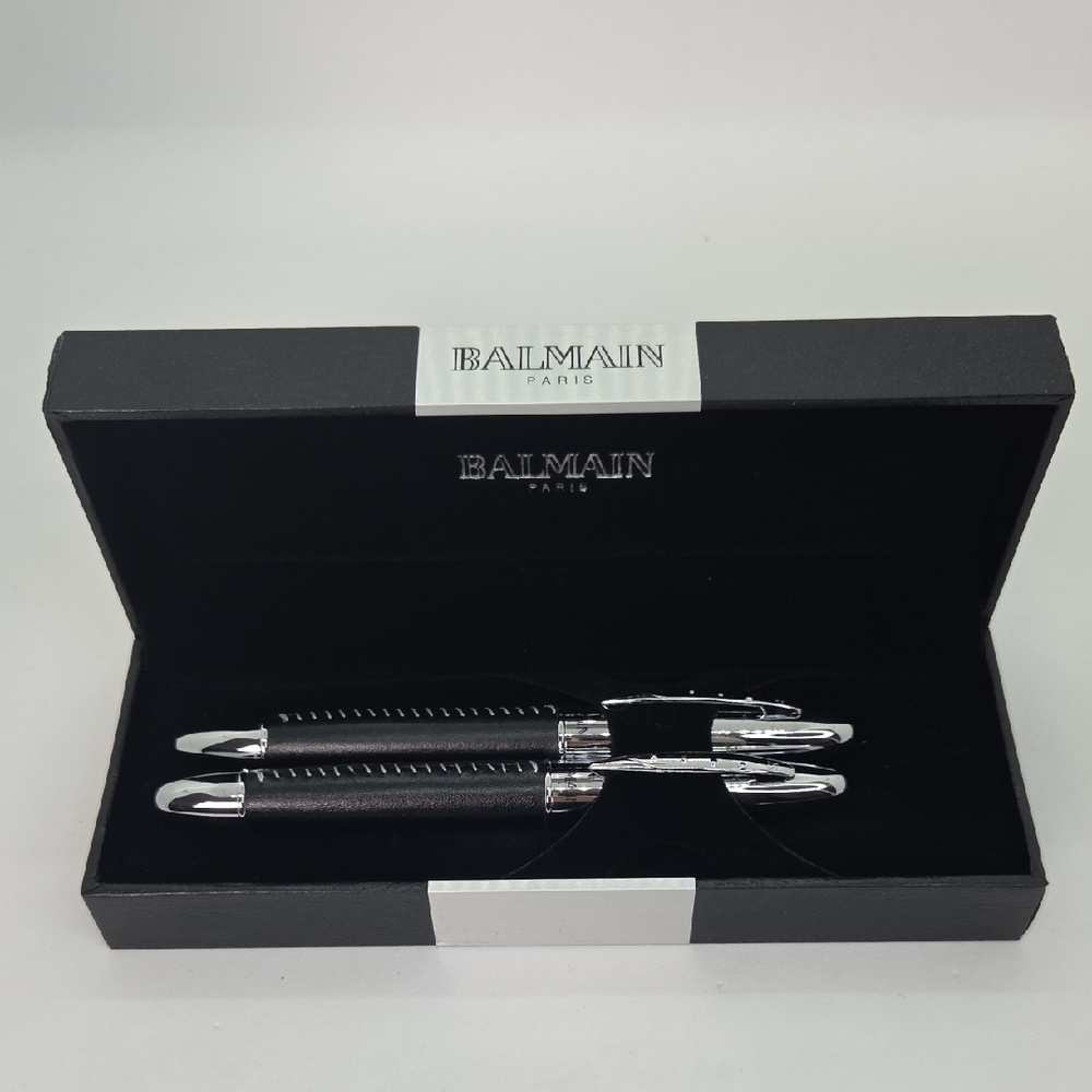 Balmain Paris Executive Leather Grip Black and Silver Pen Duo Box Set